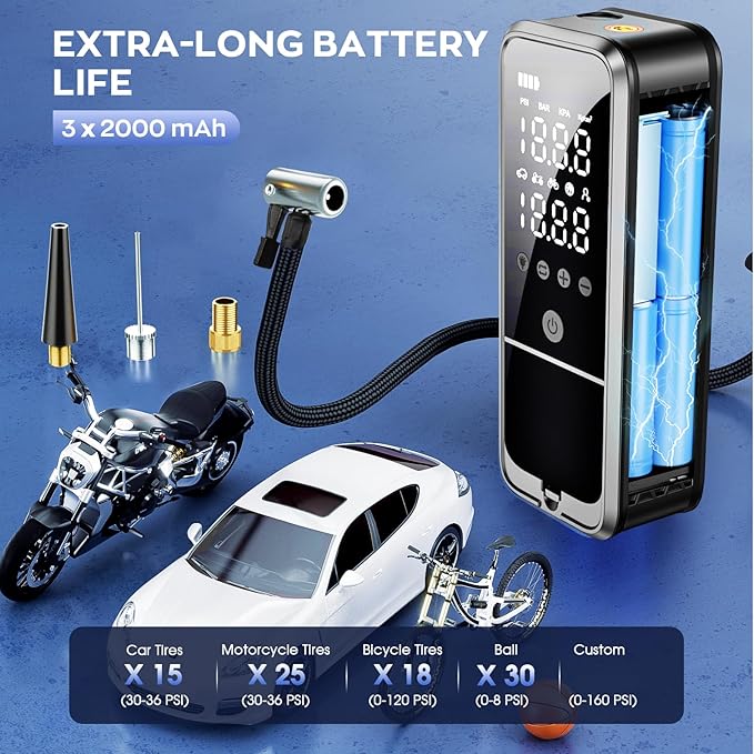 Tire Inflator Portable Air Compressor, Portable Air Pump with Tire Gauge Pressure & LED Light Air Pump for Car Tires Portable Tire Inflator for Car Cordless Bike Pump for Car, Moto, Bike, Ball