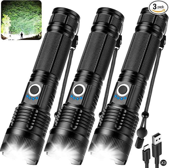 Rechargeable 90,000 High Lumens Flashlights - 3 Pack Super Bright LED Flash Light for Home with 5 Modes, Powerful Waterproof Handheld Flashlight for Camping Emergencies (L-3P)