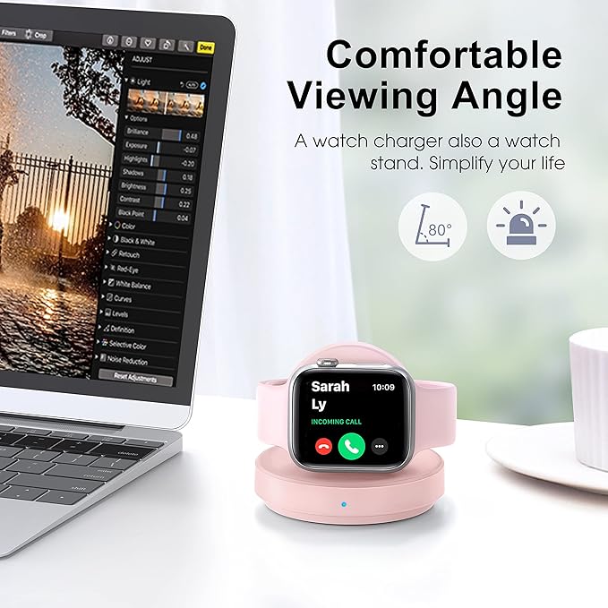 Portable Magnetic Charging Dock for Apple Watch, Wireless Fast Watch Charger Stand with Charging Cable, Support Nightstand Mode, Compatible with Apple Watch Series 10 9 8 7-Pink