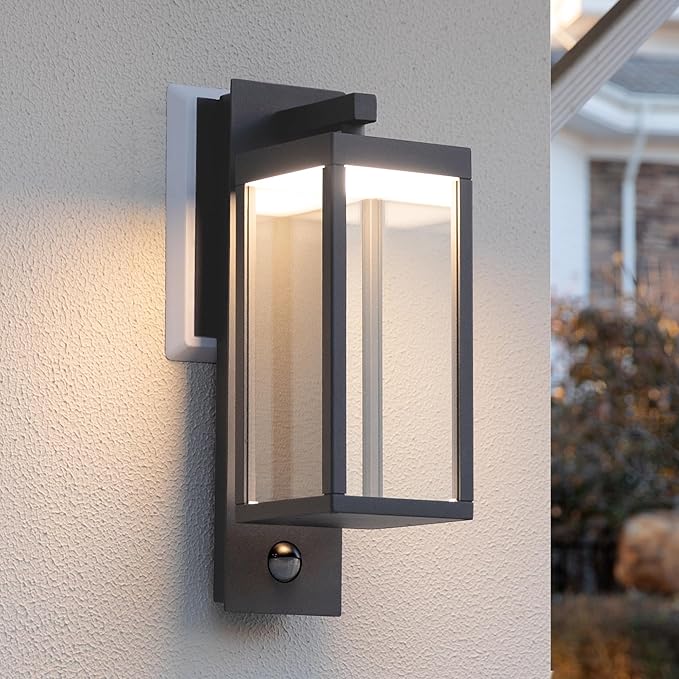 2 Pack PIR Motion Sensor Outdoor Lights, LED Integrated Porch 750 Lumen Outside Wall Light with Clear Glass, Modern Exterior Fixture, 3000K Sconce for House Patio Garage Yard Front Door Dark Grey