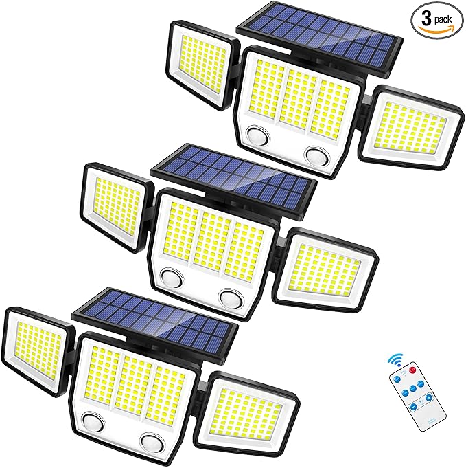 Solar Motion Sensor Outdoor Lights - 3000LM Dual PIR Motion Detector with Remote, 3 Lighting Modes, 270° Illumination, IP65 Waterproof Security Flood Lights for Yard, Garage, Patio(3 Packs)