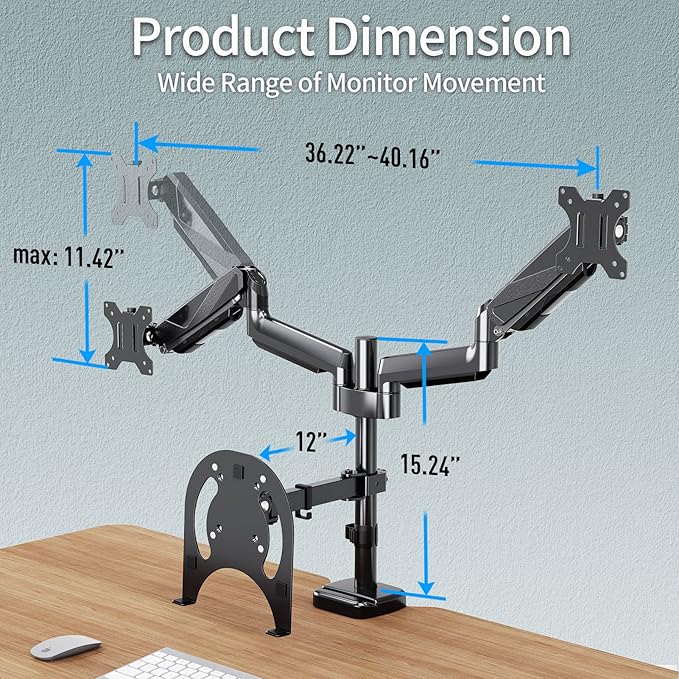 MOUNTUP Dual Monitor and Laptop Mount, Gas Spring Monitor Stand for 2 Max 27" Computer Screens, Laptop Tray Fits 10-17inch Notebook, Holds 4.4-17.6lbs Per Arm, 3-in-1 Adjustable Monitor Desk Mount