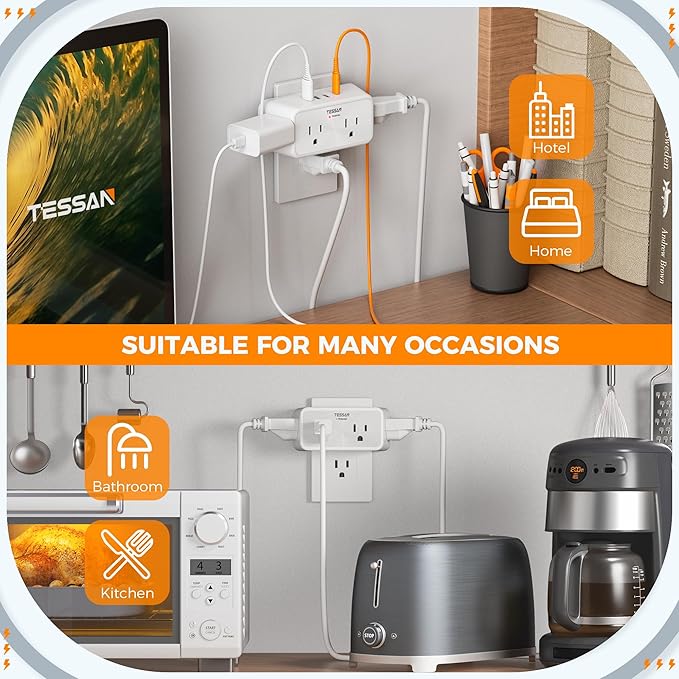 Multi Plug Outlet Extender, TESSAN Wall Surge Protector with 4 Electrical 3 Prong Outlet Splitter 4 USB Charging Blocks Adapter(1 USB C), 3 Way Multiple Plug Expander for Home Bathroom Essentials