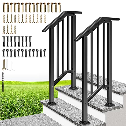 VIVOHOME 2-Pack 2 Step Galvanized Steel Hand Rails for Outdoor Steps – Black Oval and Safety Balusters Exterior Railing for Porch, Deck, or Indoor Stairs, Complete Installation Kit