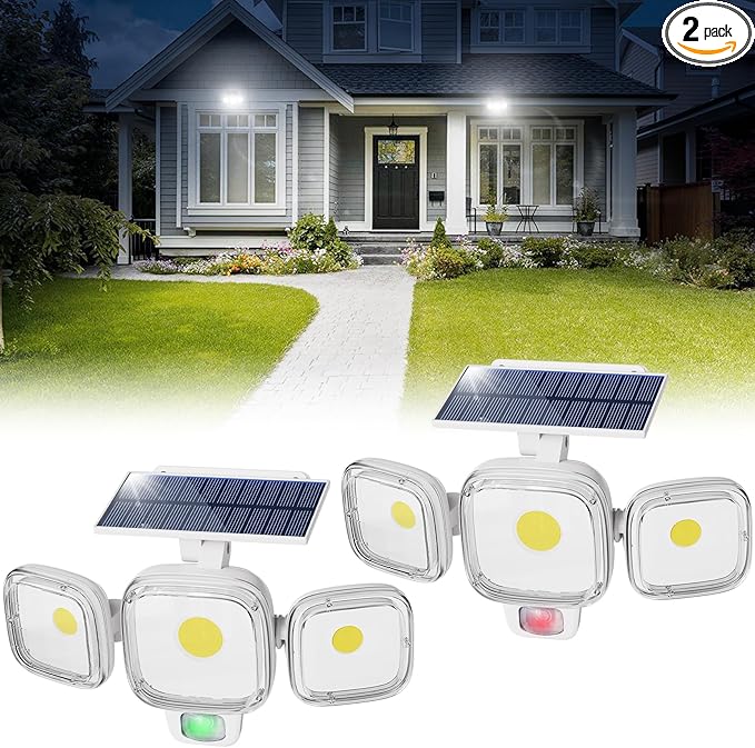 CINOTON Solar Motion Sensor Outdoor Lights, 3 Modes LED Security Flood Light with Remote Control, IP65 Waterproof Solar Powered Outside Wall Lighting for Garden Porch Garage Yard Driveway White 2 Pack