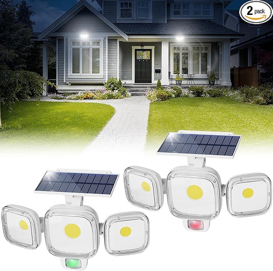 CINOTON Solar Motion Sensor Outdoor Lights, 3 Modes LED Security Flood Light with Remote Control, IP65 Waterproof Solar Powered Outside Wall Lighting for Garden Porch Garage Yard Driveway White 2 Pack