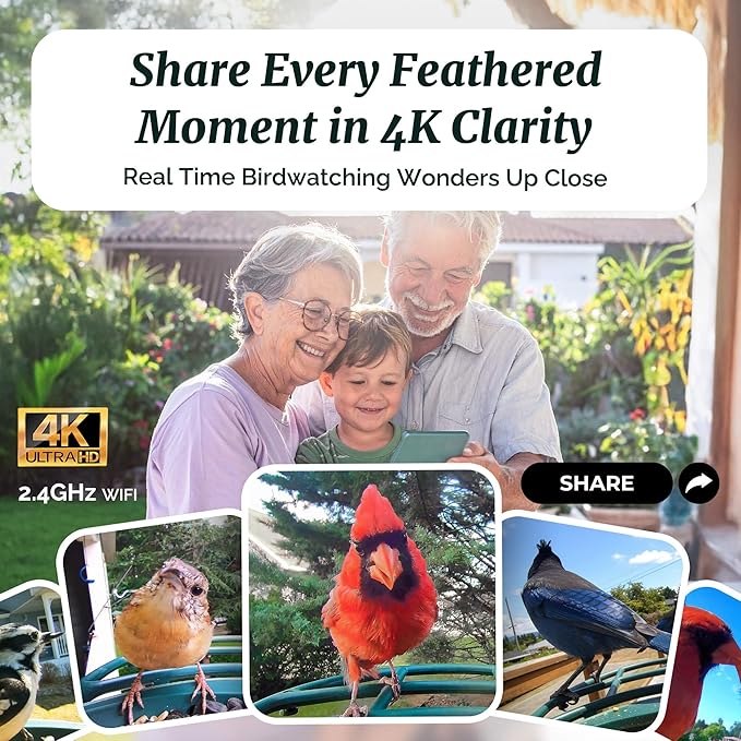 Beako™ Smart Bird Feeder with 4K Camera Solar Powered for Outdoors - UHD Live Stream for Birdwatching, AI Identification 10,000+ Bird Species, Real-Time Motion Detection, Ideal Gift for BirdLovers