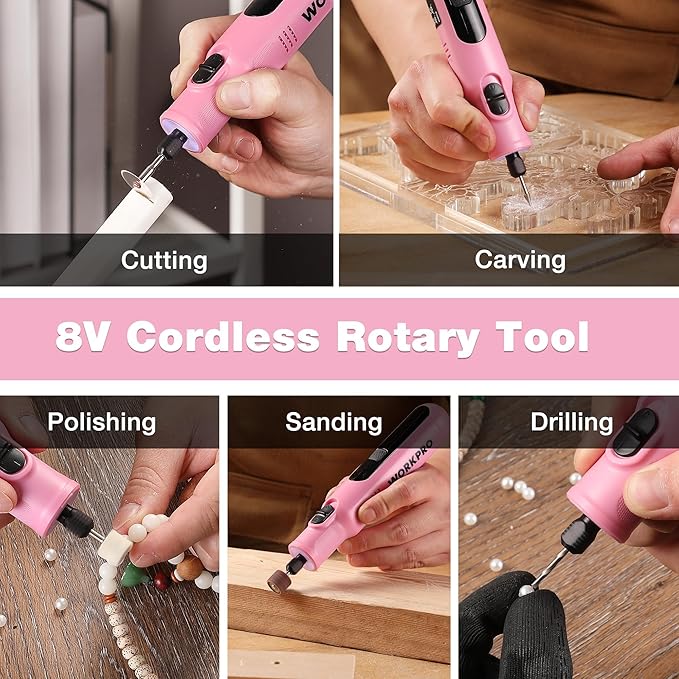 WORKPRO Cordless Rotary Tool, 8V Rotary Tool Kit with 117 Accessories, 6 Variable Speed, Type-C Charging, LED Work Light, Power Rotary Tool for Sanding, Polishing, Engraving, Cutting, DIY, Pink Ribbon