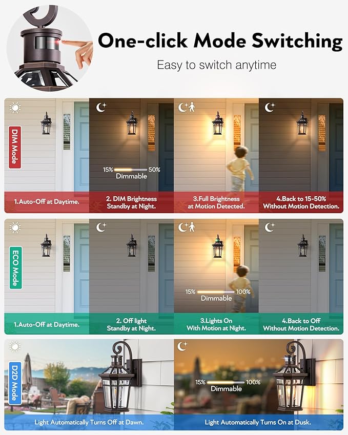 2 Pack Motion Sensor Outdoor Porch Lights Wall Mount, Oil Rubbed Bronze Outside Garage Lights Wall Lantern, Dusk to Dawn Exterior Lighting Fixtures, Anti-Rust Outside Sconce Light for Patio