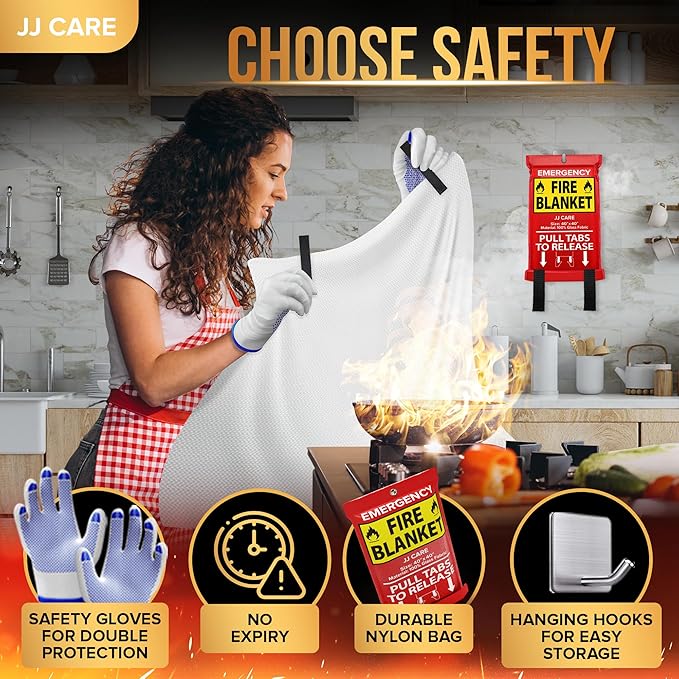 JJ CARE Fire Blanket – 8 Packs with Hooks and Gloves – Emergency Fire Blanket for Home & Kitchen, High Heat Resistant Fire Suppression Blankets for Home Safety, Kitchen, and Camping