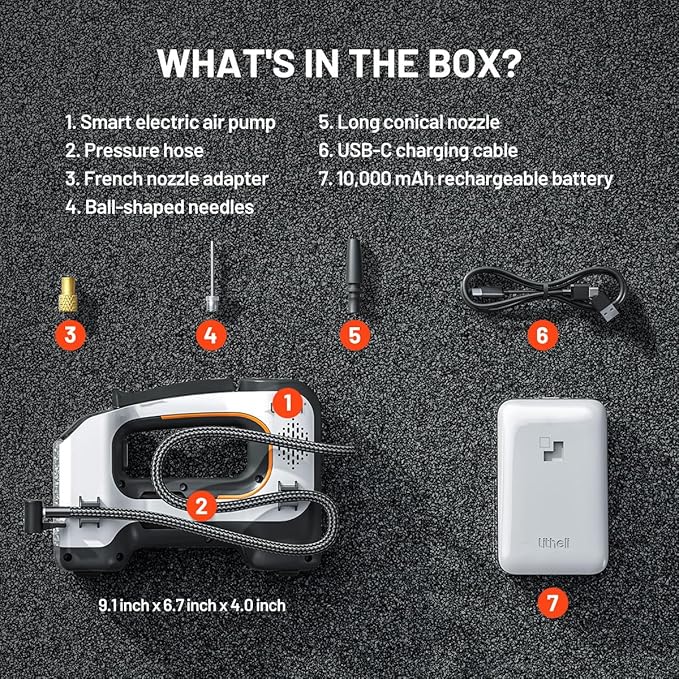 Litheli Cordless Air Compressor, 20V Portable Air Compressor, 3 Nozzle Adapters, 150 PSI, Tire Pump for Car, Bike, Sport Ball, Battery Tire Inflator, with 2.0 Ah U-Battery