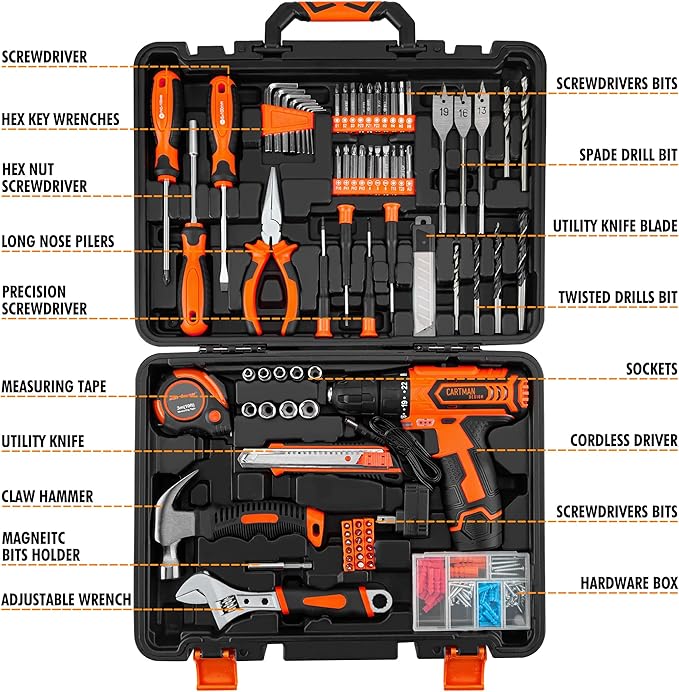 CARTMAN Power Tool Combo Kits with 12V Cordless Drill, Professional Household Home Tool Kit Set, DIY Hand Tool Kits for Garden Office House Repair, with a Robot Style Carry Box