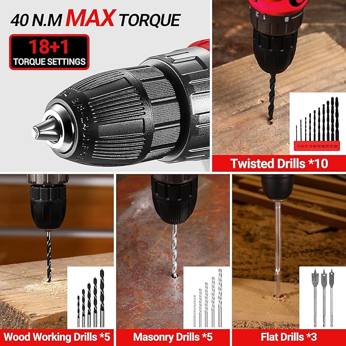 Red Drill Tool Kit Set: 20V Cordless Power Drill Tool Box with Battery Electric Drill Driver for Men Home Hand Repair Basic Toolbox Tools Sets Drills Case