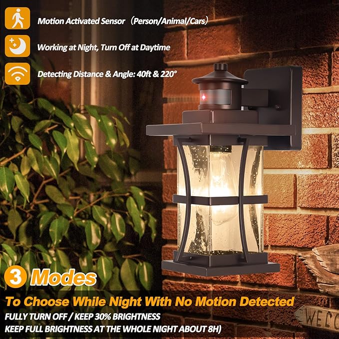 2 Packs Motion Sensor Outdoor Lights - Dusk to Dawn Outdoor Lighting, Oil Rubbed Bronze Porch Lights Outdoor Wall Sconce, Waterproof Exterior Light Fixtures for House, Garage, Entryway Anti-Rust, E26