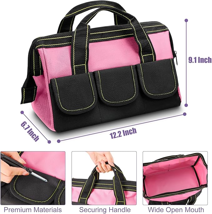 Sanwuta 3 Pack Tool Bag for Men with Waterproof Hard Bottom, Heavy Duty Tool Bag Wide Mouth Tote for Various Instrument, Electrician Carpenter Mechanic(13 Inch,Red, Pink, Light Purple)