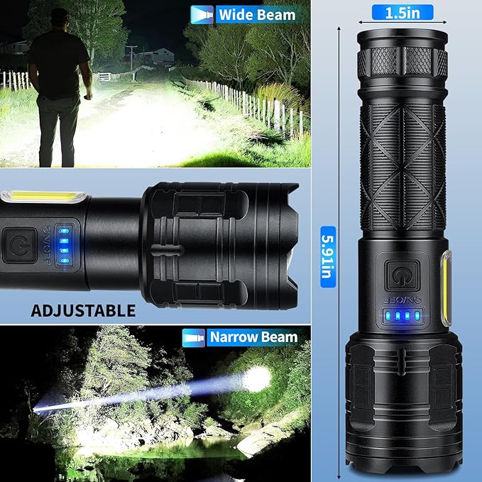 Rechargeable LED Flashlights High Lumens, 99,000 Lumen Super Bright Flashlight with 7 Modes & Waterproof, Powerful USB Rechargeable Handheld Flash Light for Camping Home, Black