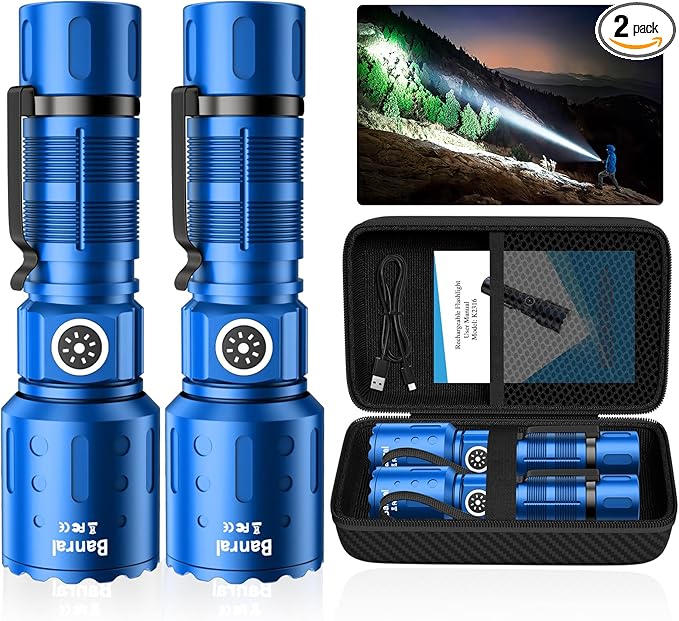 Flashlights High Lumens Rechargeable, Super Bright Long Range Small Powerful Flashlight, 6 Modes LED Tactical Pocket Waterproof Flash Light for Home Emergency (2, Blue)