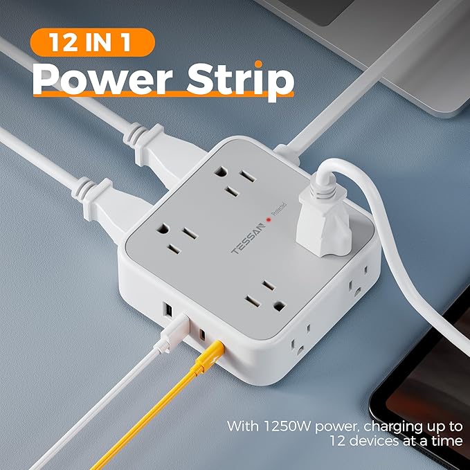 TESSAN Surge Protector Power Strip, 5 FT Extension Cord with Multiple Outlets Flat Plug, 4 USB (2 USB C) and 8 AC Outlets, 900 Joules Protection, Wall Mount Charging Station for Home, Office, Dorm