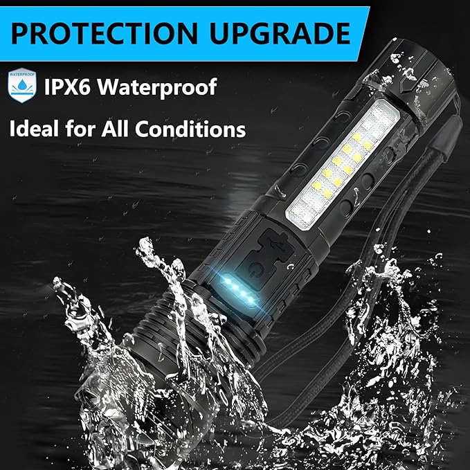 Rechargeable LED Flashlights, 90,000 Lumens Super Bright Flash Light, 7 Modes with COB Work Light, IPX6 Waterproof, Adjustable Tactical Powerful Handheld Flash Light for Home,Camping and Emergencies