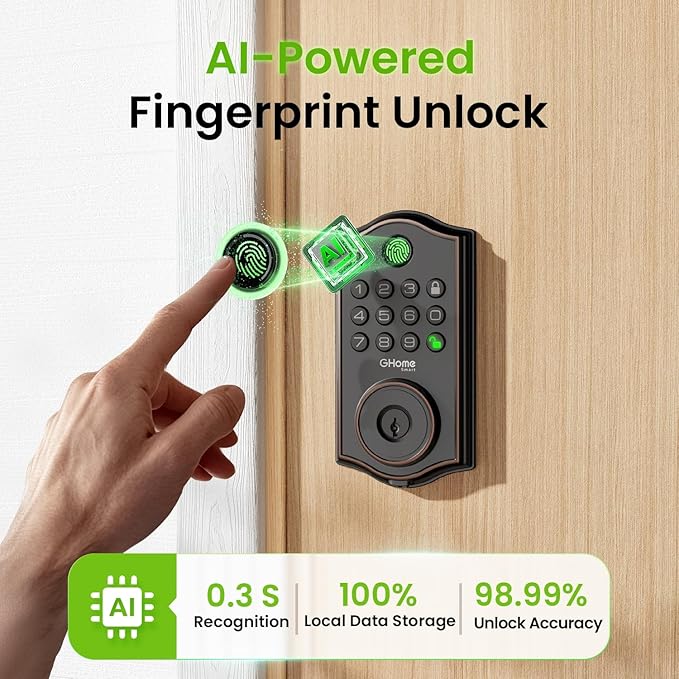 Ghome Smart Deadbolt Lock for Front Door, Keyless Entry Door Lock with Keypad, App Remote, Auto Lock, Easy Installation, Fingerprint Door Lock for Home, Airbnb, Apartment, Garage, Zn-Al-Cu Alloy Black