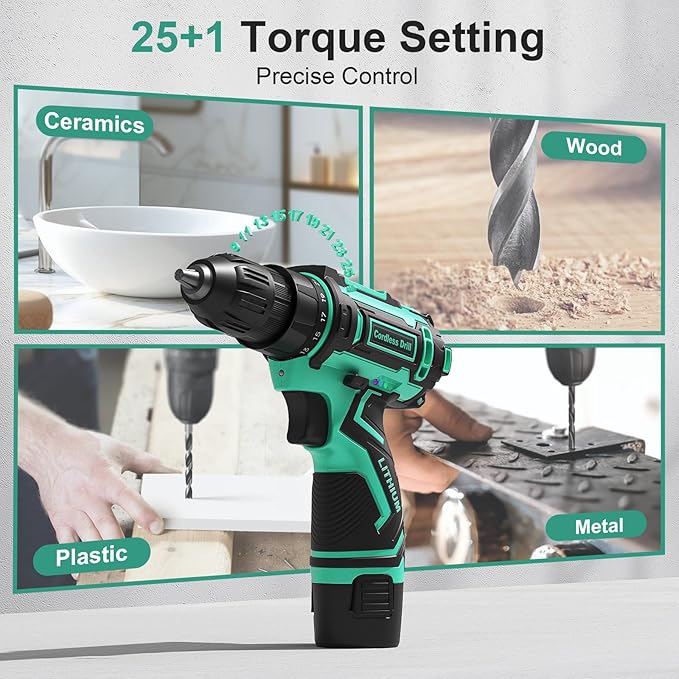 Cordless Drill Set,12V Power Drill Driver 3/8" Keyless Chuck with 42 Acessories, Built-in LED Light, 25+1 Position, Electric Drill for Home DIY Projects（Cyan）