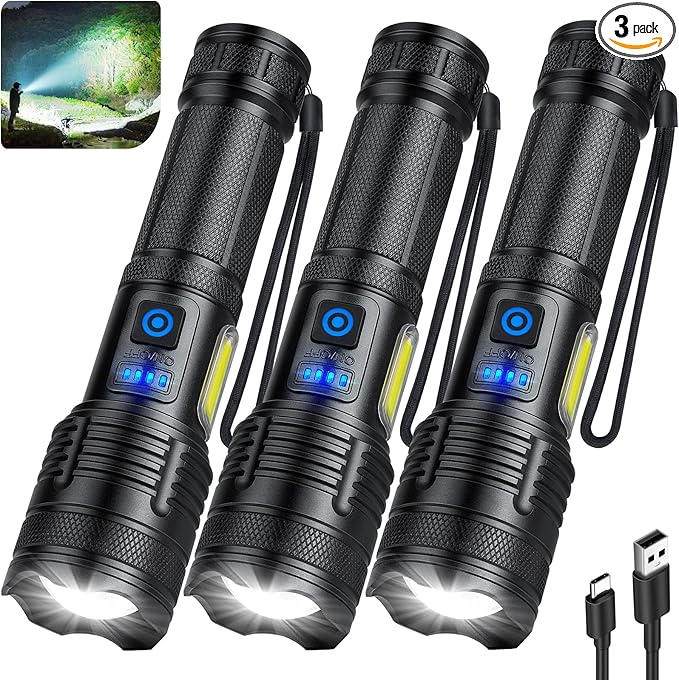 KINGCAESAR 3 Pack Rechargeable Flashlights 90,000 High Lumen, Ultra Bright LED Flash Light for Home, High Powered Flashlights with 7 Light Modes, IPX7 Waterproof for Camping
