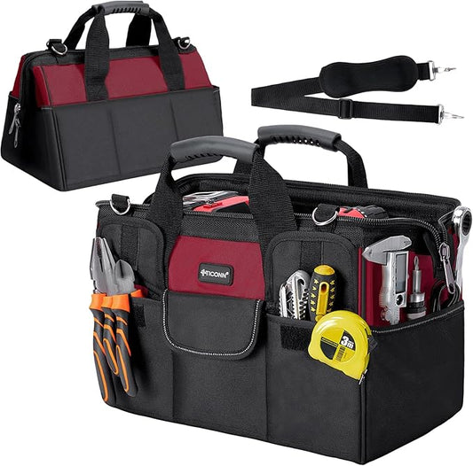 TICONN Heavy Duty Tool Bag with Multi-Pockets, Portable Tool Box Organizer Storage Bag, with Adjustable Shoulder Strap and Ergonomic Handle (Red, 14" Standard Base)