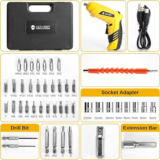 SainSmart Cordless Electric Screwdriver with Rechargeable 3.6v Lithium Battery and 1/4” Hex Chuck, Includes 45pcs Bits, 1 Extension Rod and 1 USB Cable