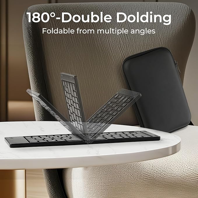 Foldable Keyboard and Mouse, 2.4G Wireless+Dual Bluetooth5.0 Folding Keyboard & Mouse Combos for Business and Travel, USB-C Rechargeable Portable Keyboard Mouse for iPads, Phones, Tablets-Black