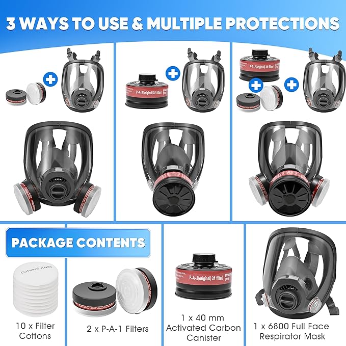Full Face Respirator Gas Mask - Survival Nuclear and Chemical with 40 mm Activated Carbon Filter, for Painting Welding Chemical and Organic Vapor 6800