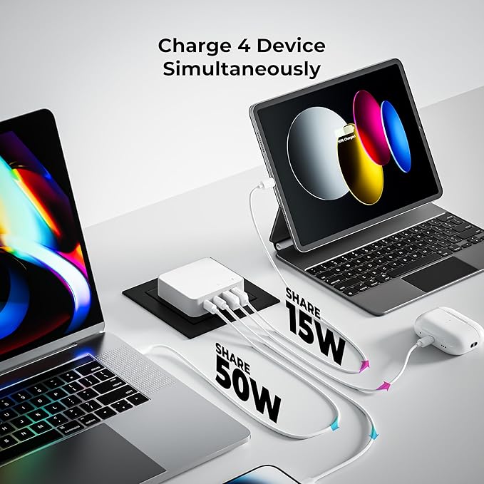 Nekmit Flat USB Wall Charger, 65W GaN Fast Charging USB C Charger Block, Dual USB Ports Wall Plug Power Adapter for iPhone 15 Pro Max/iPad Pro and More, White