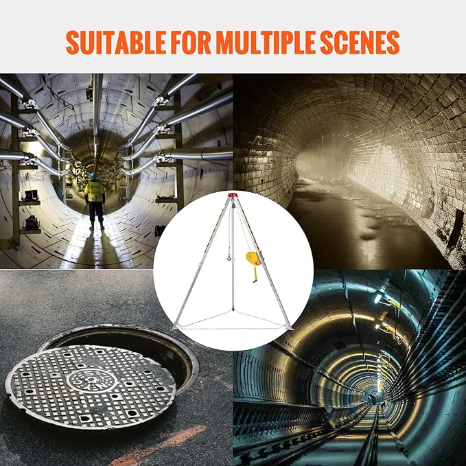 VEVOR Confined Space Tripod Kit, 2600 lbs Winch, Confined Space Tripod 8' Legs and 98' Cable, Confined Space Rescue Tripod 32.8' Fall Protection, Harness, Storage Bag for Traditional Confined Spaces