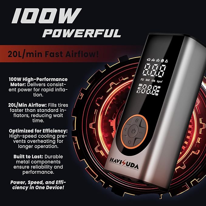 Tire Inflator Portable Air Compressor -150 PSI Cordless Air Pump for Car, Bike, Motorcycle, Truck tires,balls,rechargeable.5X Faster, LED Light, Auto Shut-off,tire pressure gauge with carrying case