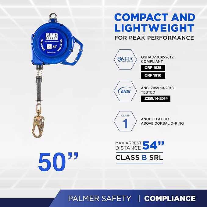 Palmer Safety SRD 50 FT. Self Retracting Lifeline I ANSI Z359.14-2021 Class 1 I SRL Device Swivel Top Galvanized Cable w/Small Steel Snap Hook I Fall Arrest Safety Yoyo