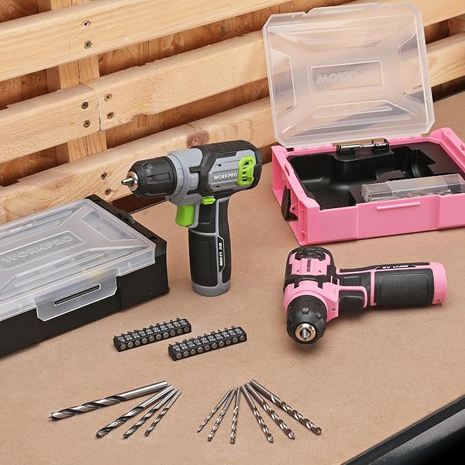WORKPRO Pink Power Drill Set and Stackable Tool Box, 8V Cordless Drill Driver with Bit Set, 2.0Ah Electric Cordless Screwdriver Kit with 3/8" Keyless Chuck, For Home DIY- Pink Ribbon