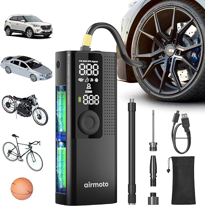 Airmoto Tire Inflator Portable Air Compressor - Air Pump For Car Tires with Digital Pressure Gauge, LED Light and Auto Shut-Off Function - Cordless Pump for Car, Motorcycle, Bicycle, Balls and More