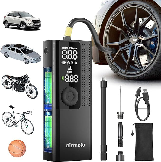 Airmoto Tire Inflator Portable Air Compressor - Air Pump For Car Tires with Digital Pressure Gauge, LED Light and Auto Shut-Off Function - Cordless Pump for Car, Motorcycle, Bicycle, Balls and More