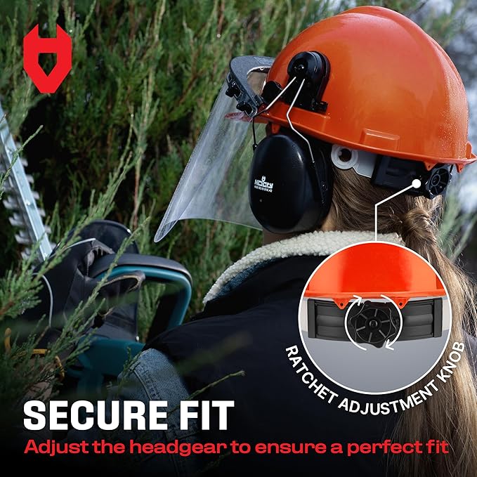 NoCry 6-in-1 Industrial Chainsaw Helmet with Face Shield and Ear Muffs — Mesh & Clear Plastic Visors Included — ANSI Z89.1 Certified — Adjustable Headgear — Ideal for Forestry and Arborist Work