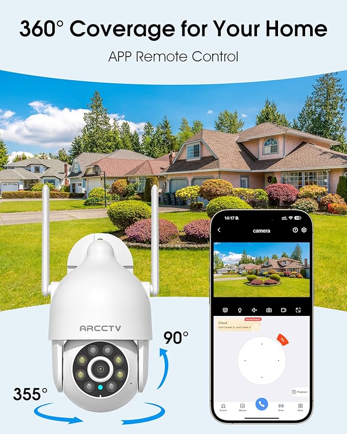 2K Security Camera Outdoor, 2.4G/5G WiFi 24/7 Recording Security Camera, 360° PTZ Auto Tracking, Motion Tracking, Full Color Night Vision, Waterproof