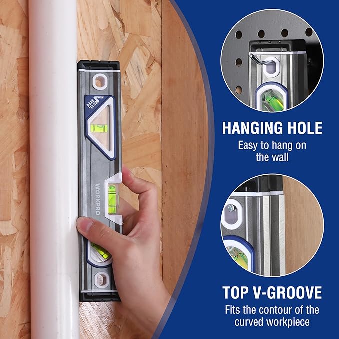 WORKPRO 10 Inch Torpedo Level, Small leveler tool with 3 Different Bubbles 45°/90°/180°, bubble level With Shock Absorbing End Caps, V-Groove for Conduit Bending, Silver/White/Blue
