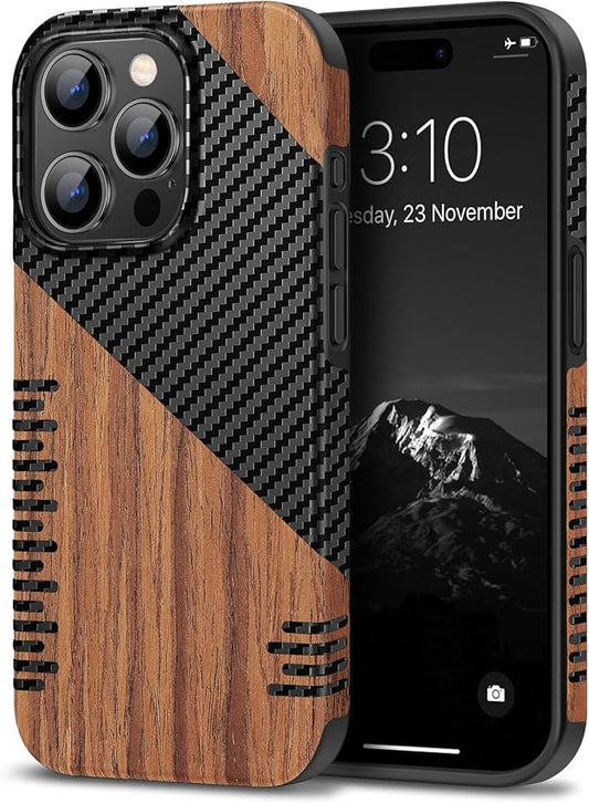 TENDLIN Compatible with iPhone 15 Pro Case Wood Grain with Carbon Fiber Texture Design Leather Hybrid Slim Case (Twill)