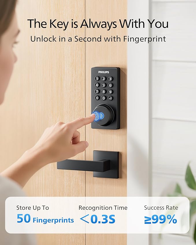 Philips WiFi Deadbolt Smart Lock with Handle, APP/Voice/Fingerprint/Passcode/Key Unlock, Smart Locks for Front Door with Handle Set, Backlit Keypad Deadbolt, Keyless Entry, Remote Control, Auto-Lock