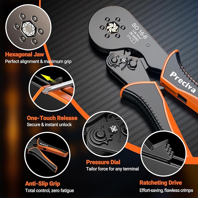 Preciva Ferrule Crimping Tool Kit, Self-Adjustable Ratchet Crimper for AWG 28-5 Ferrules - Includes 1275PCS Hexagonal Double & Single Wire Connectors