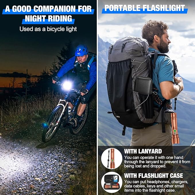 Flashlights High Lumens Rechargeable, Super Bright LED Powerful Flashlight, Type-C, 5 Modes, Zoomable, IPX5 Waterproof High Powered Tactical Flash Light for Emergency Camping,Brown