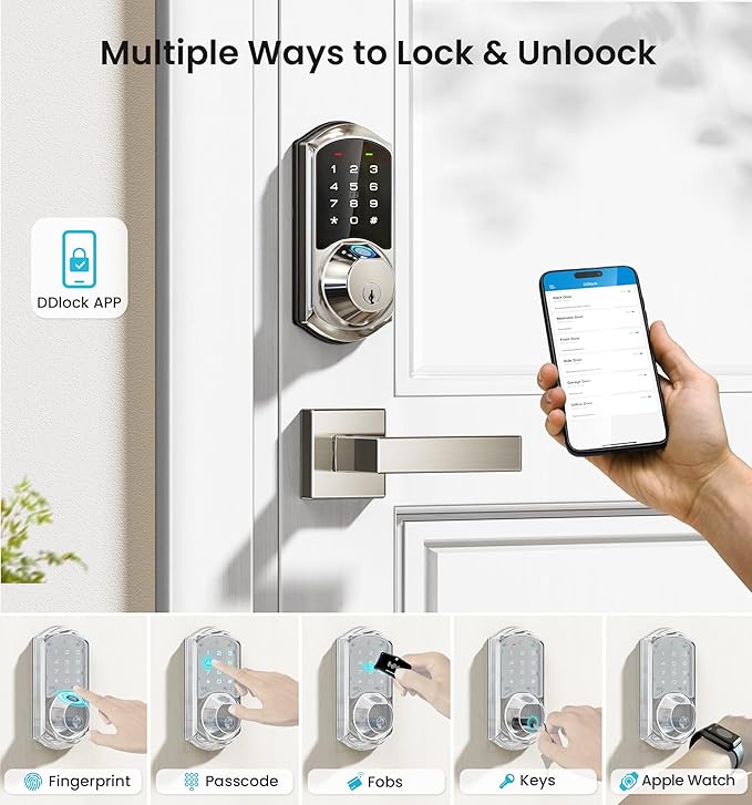 Veise VE07-L Fingerprint Smart Locks for Front Door with 2 Lever Handle Set, App Control, Keyless Entry, Electronic Digital Keypad Deadbolt, Auto Lock, Waterproof, Easy to Install, Satin Nickel