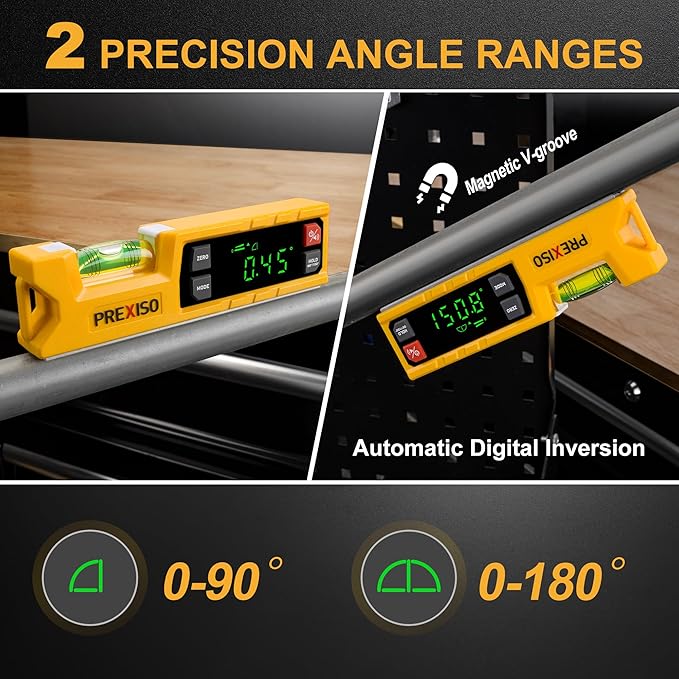PREXISO Digital Level & Digital Protractor, 7 inch Angle Finder 0-90° & 0-180° Range, Electronic Bubble Inclinometer with Magnetic V-Groove & Audio Indicator for Woodwork, Saw & Home Drainage Leveling