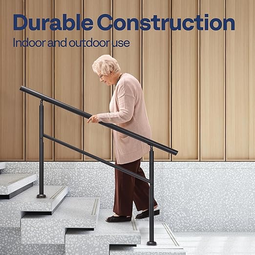 VIVOHOME 2-Pack 4 Step Hand Rails for Outdoor Steps, Galvanized Steel Railing, Black Round Exterior Handrails for Porch, Deck, or Indoor Stairs, Complete Installation Kit