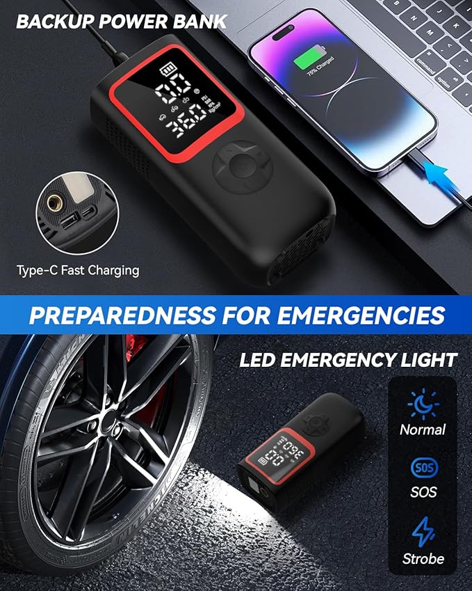 Tire Inflator Portable Air Compressor - 150PSI Portable Tire Inflator with Pressure Gauge, 4X Faster Portable Air Compressor for Car Tires, Air Pump with LED Light for Car, Motorcycle, Bike