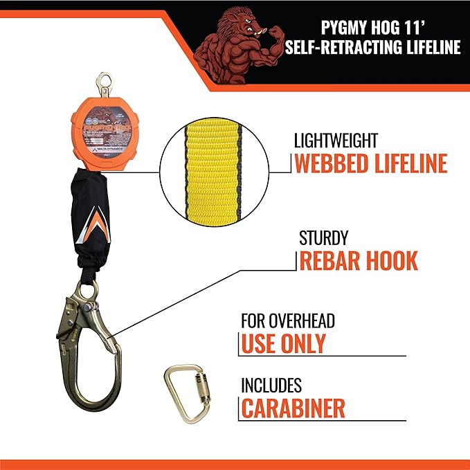 Malta Dynamics Pygmy Hog 11-Foot Self-Retracting Lifeline (SRL) – OSHA & ANSI Compliant Fall Protection Retractable Lanyard with Rebar Hook – Class 1-P, Lightweight, Durable, 310 Pound Capacity