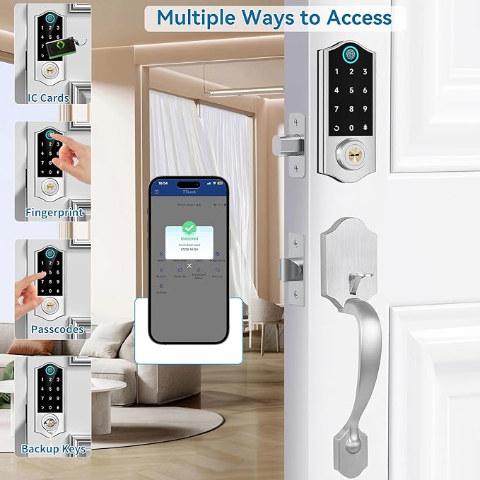 Harfo Fingerprint Smart Door Lock for Front Door with Handle Set, App Control, Keyless Entry Keyless Deadbolt, Digital Electronic Touchscreen Keypad, Auto Lock, Easy to Install, Satin Nickel